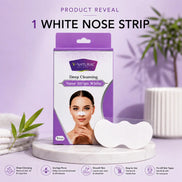 V-Natural White Deep Cleansing Nose Strip packaging shown on a marble pedestal with the white nose strip placed in front, set against a lavender studio background with decorative leaves and a plant.