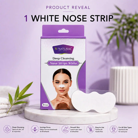 V-Natural White Deep Cleansing Nose Strip packaging shown on a marble pedestal with the white nose strip placed in front, set against a lavender studio background with decorative leaves and a plant.
