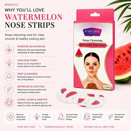 V-Natural Watermelon Nose Strips deep cleansing mask shown in its retail packaging with a model demonstrating the mask applied to her nose, accompanied by text detailing the benefits of watermelon nose strips.