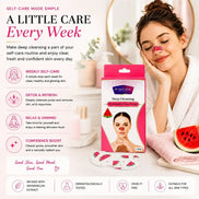 V-Natural Deep Cleansing Watermelon Nose Strips shown in their pink packaging, displayed alongside several watermelon-shaped clear nose strips on a white surface. The background is a warm, styled lifestyle scene featuring a woman in a white robe with a watermelon slice on her nose, accompanied by marketing text and icons highlighting skin benefits.