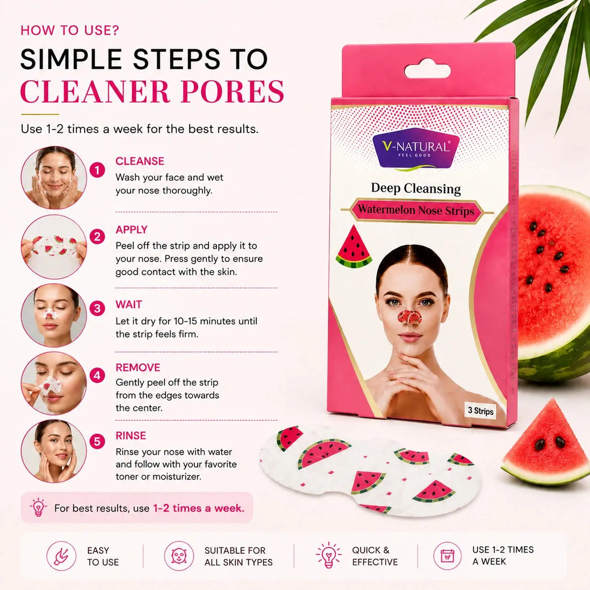 V-Natural Deep Cleansing Watermelon Nose Strips packaging and three individually wrapped strips shown on a white background with usage instructions, watermelon slices, and palm leaves.