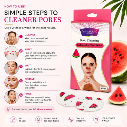 V-Natural Deep Cleansing Watermelon Nose Strips packaging and three individually wrapped strips shown on a white background with usage instructions, watermelon slices, and palm leaves.
