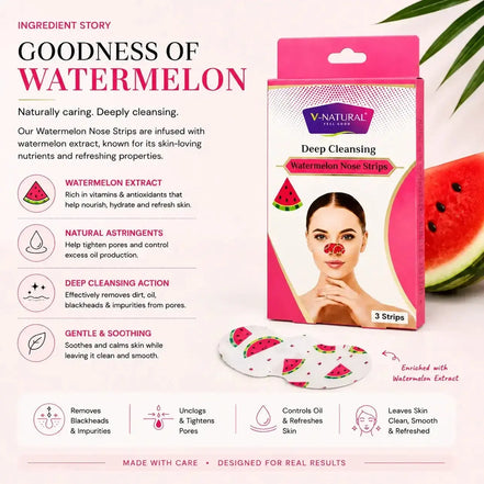 V-Natural Deep Cleansing Watermelon Nose Strips packaging and product display on a light pink background with ingredient callouts and watermelon-themed graphics.