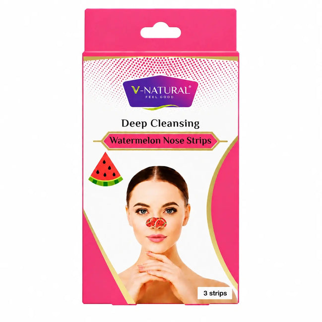 V-Natural Deep Cleansing Watermelon Nose Strips in pink retail packaging, featuring a model with a watermelon nose strip applied, on a white background.