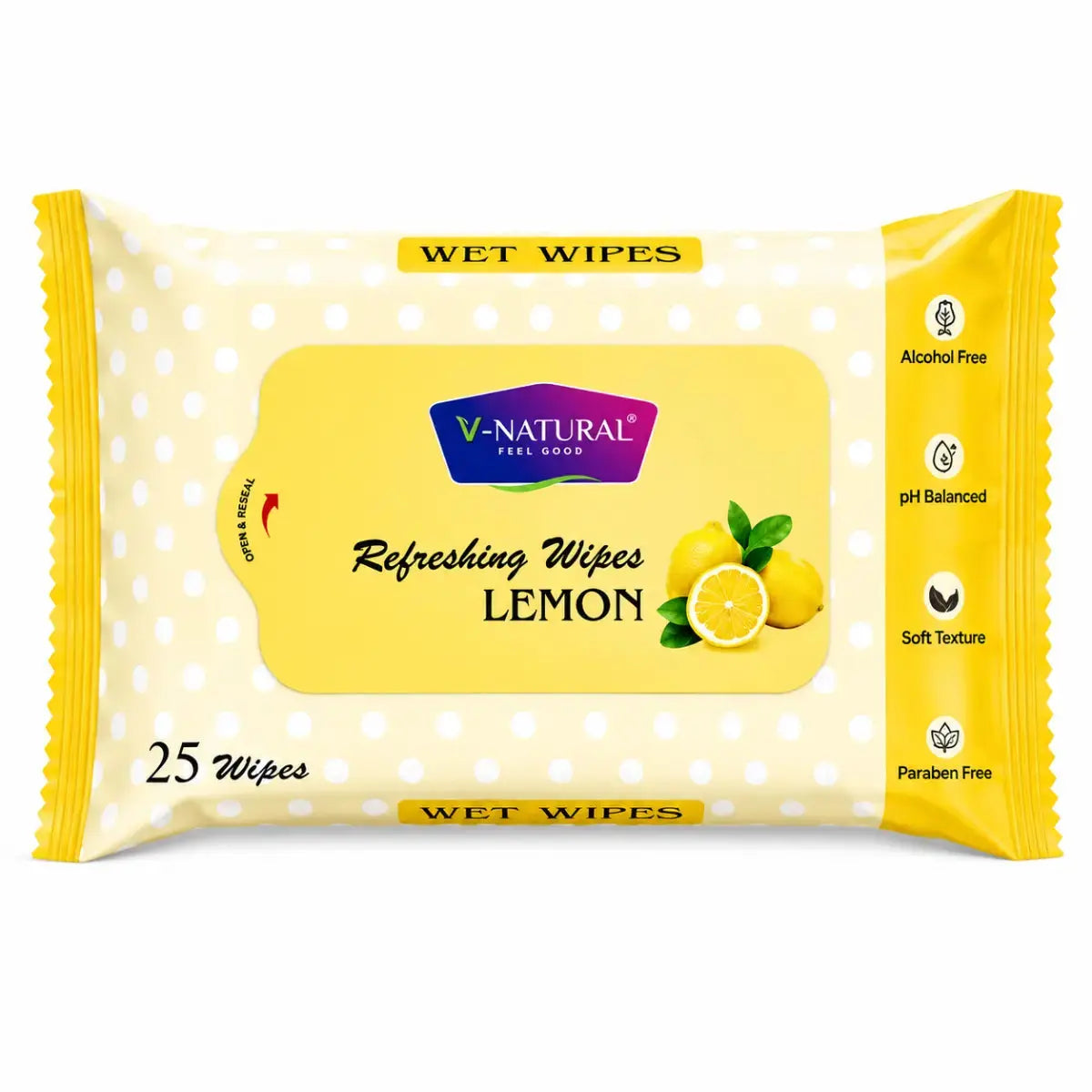 V-Natural Lemon Refreshing Wipes in a yellow and white polka dot package, containing 25 wipes.