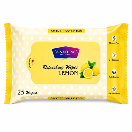 V-Natural Lemon Refreshing Wipes in a yellow and white polka dot package, containing 25 wipes.