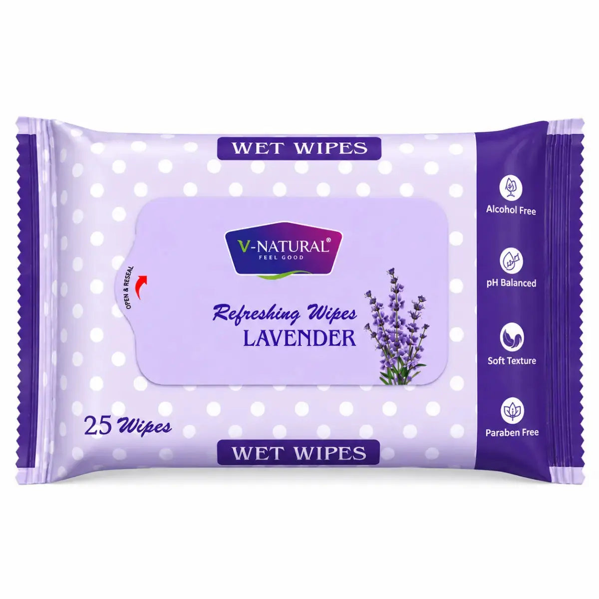 V-Natural Fresh Good Lavender Wipes packaging, featuring a light purple and white polka dot design with a lavender illustration and product details on the right side.