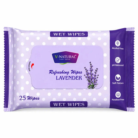 V-Natural Fresh Good Lavender Wipes packaging, featuring a light purple and white polka dot design with a lavender illustration and product details on the right side.