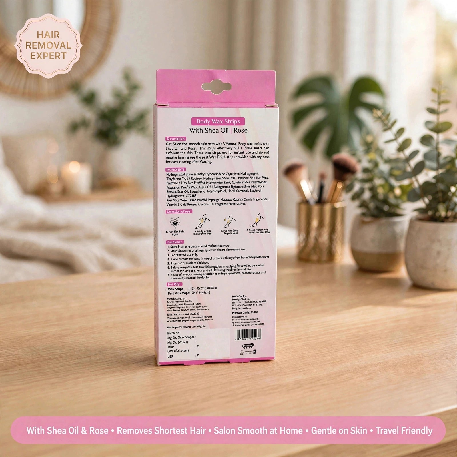 Body Wax Strips With Shea Oil & Rose (16 Wax Strips +2 Post Wipes)