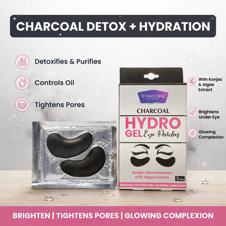 V-NATURALS CHARCOAL HYDRO GEL EYE PATCHES – Korean Formula for Dark Circles, Puffiness & Fine Lines (3 Pairs)