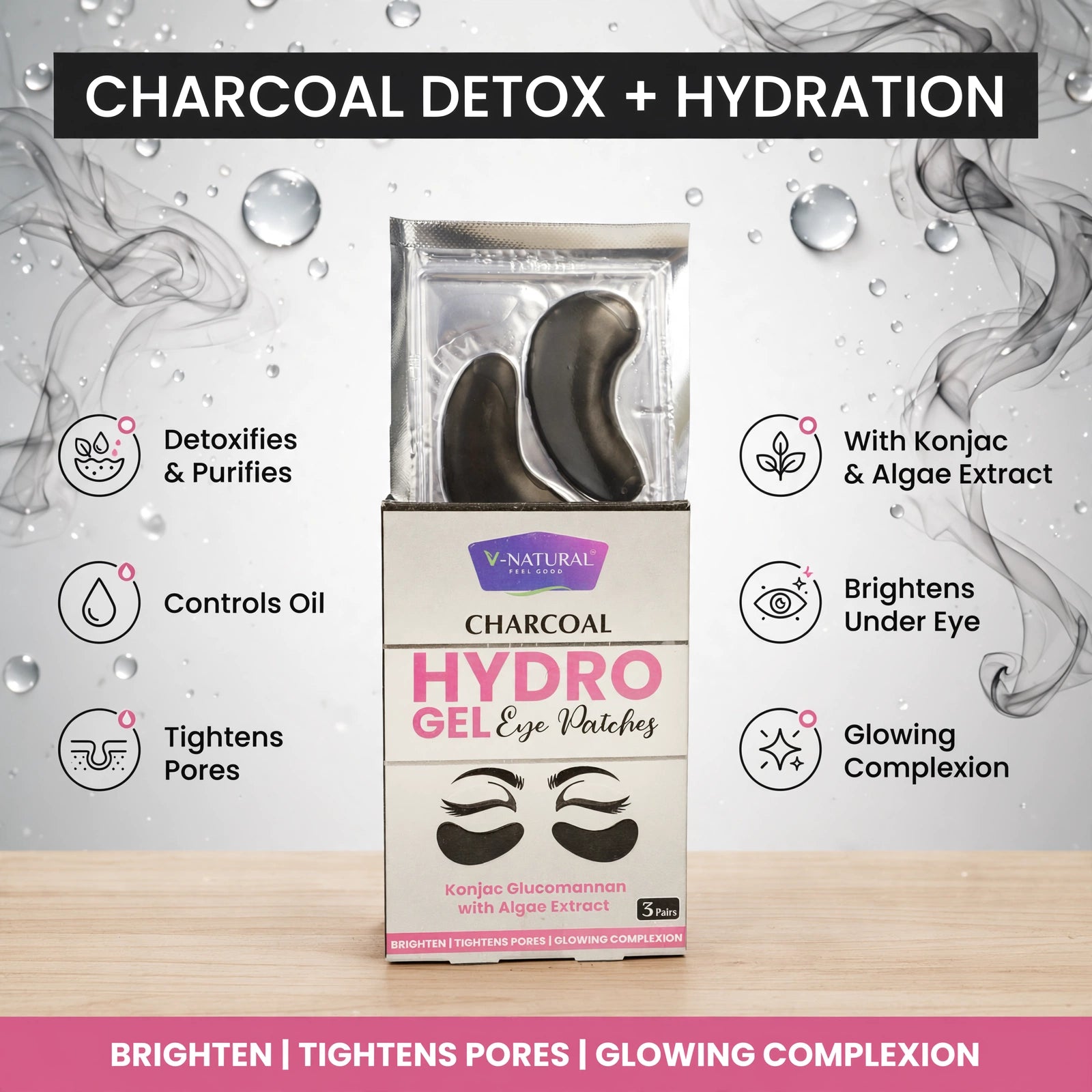 V-NATURALS CHARCOAL HYDRO GEL EYE PATCHES – Korean Formula for Dark Circles, Puffiness & Fine Lines (3 Pairs)