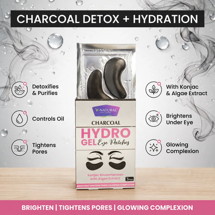 V-NATURALS CHARCOAL HYDRO GEL EYE PATCHES – Korean Formula for Dark Circles, Puffiness & Fine Lines (3 Pairs)