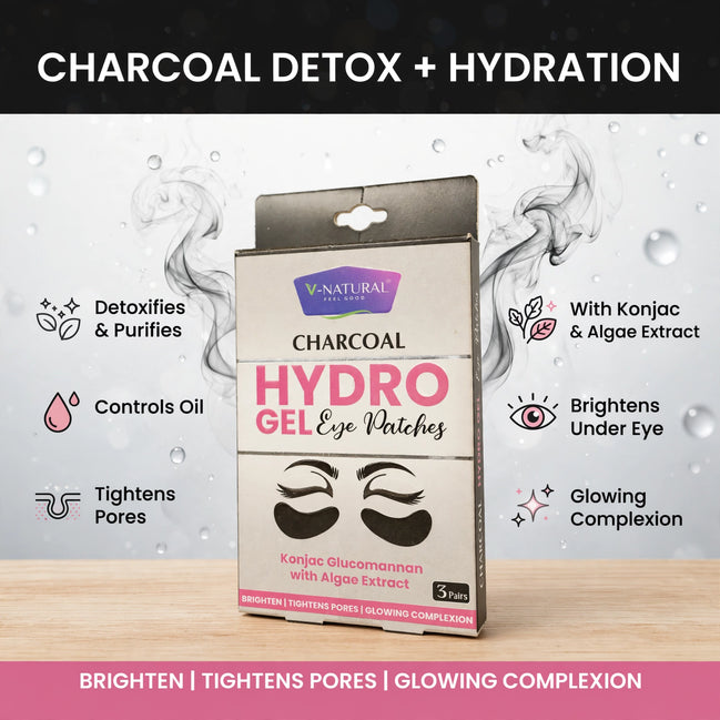 V-NATURALS CHARCOAL HYDRO GEL EYE PATCHES – Korean Formula for Dark Circles, Puffiness & Fine Lines (3 Pairs)