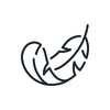 Black line drawing of a feather on a white background