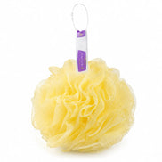 A yellow mesh loofah bath sponge with a white and purple hanging tag, shown on a solid white background.