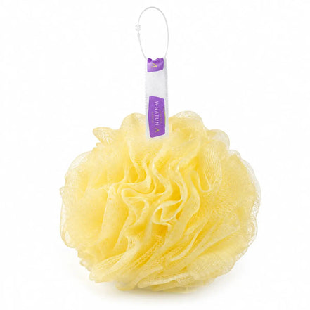 A yellow mesh loofah bath sponge with a white and purple hanging tag, shown on a solid white background.