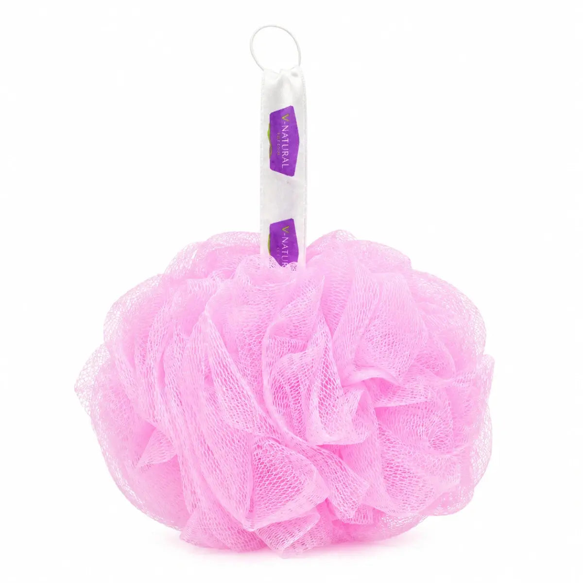 A pink mesh loofah bath sponge with a white hanging loop and a purple and white paper tag attached, shown on a plain white background.