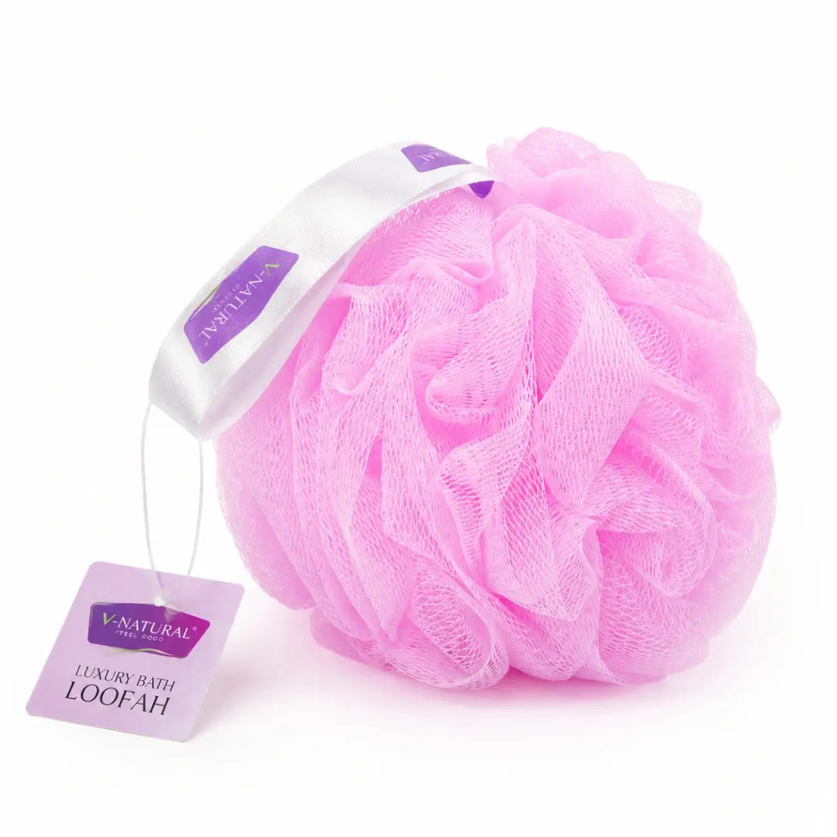 A pink mesh bath loofah with a white and purple ribbon handle and a hanging tag, photographed on a clean white background.
