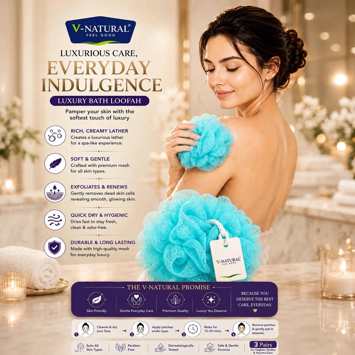 A woman in a spa-like setting holds a bright turquoise blue V-Natural Luxurys Bath Loofah. The image is a promotional graphic with text highlighting the product's benefits, including rich creamy lather, soft gentle texture, and quick dry hygienic properties.