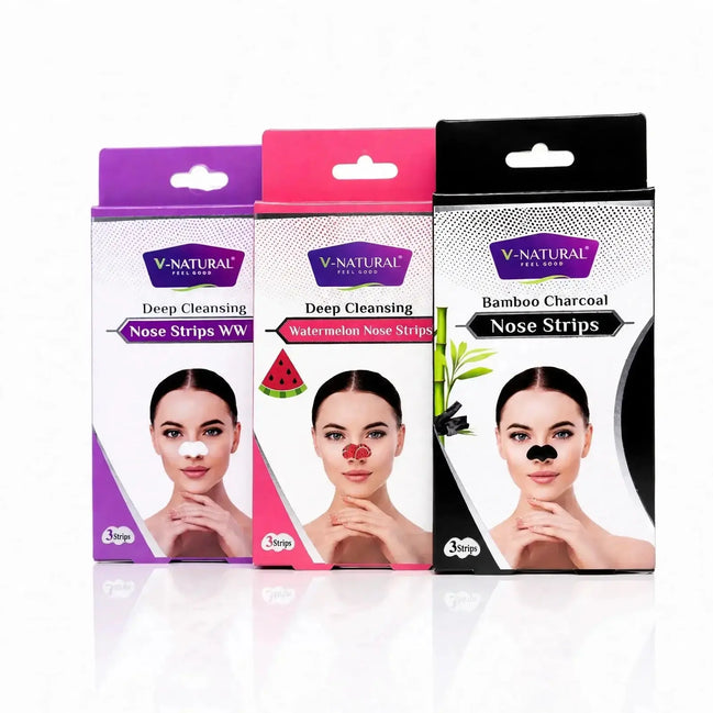 Three V-Natural Deep Cleansing Nose Strips boxes lined up on a white reflective surface. The packages are purple, pink, and black, featuring a model wearing the nose strips.