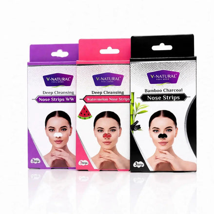 Three V-Natural Deep Cleansing Nose Strips boxes lined up on a white reflective surface. The packages are purple, pink, and black, featuring a model wearing the nose strips.