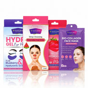Four V-Natural skincare mask and eye gel packages arranged side by side on a white reflective surface: Hydro Gel Eye Mask with Blueberry & Hyaluronic Acid, Deep Cleansing Watermelon Nose Strips, Strawberry Hydrogel Lip Mask, and Bio-Collagen Face Mask.