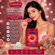 A woman holds a pink strawberry-shaped lip mask near her lips in a pink-lit beauty setting, with a red V-Natural Strawberry Hydrogel Lip Mask package shown in front and promotional text and icons beside her.