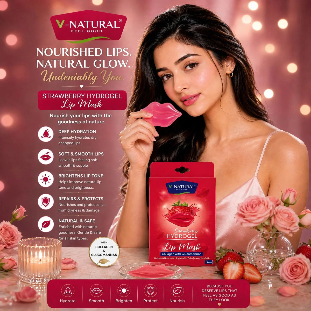 A woman holds a pink strawberry-shaped lip mask near her lips in a pink-lit beauty setting, with a red V-Natural Strawberry Hydrogel Lip Mask package shown in front and promotional text and icons beside her.