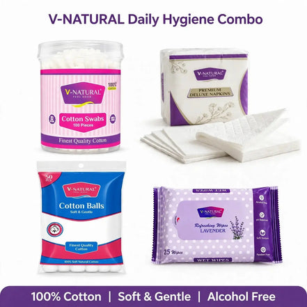 V-Natural Daily Hygiene Combo set featuring a jar of cotton swabs, premium deluxe napkins, cotton balls, and lavender hand washes on a white background with purple text banners.