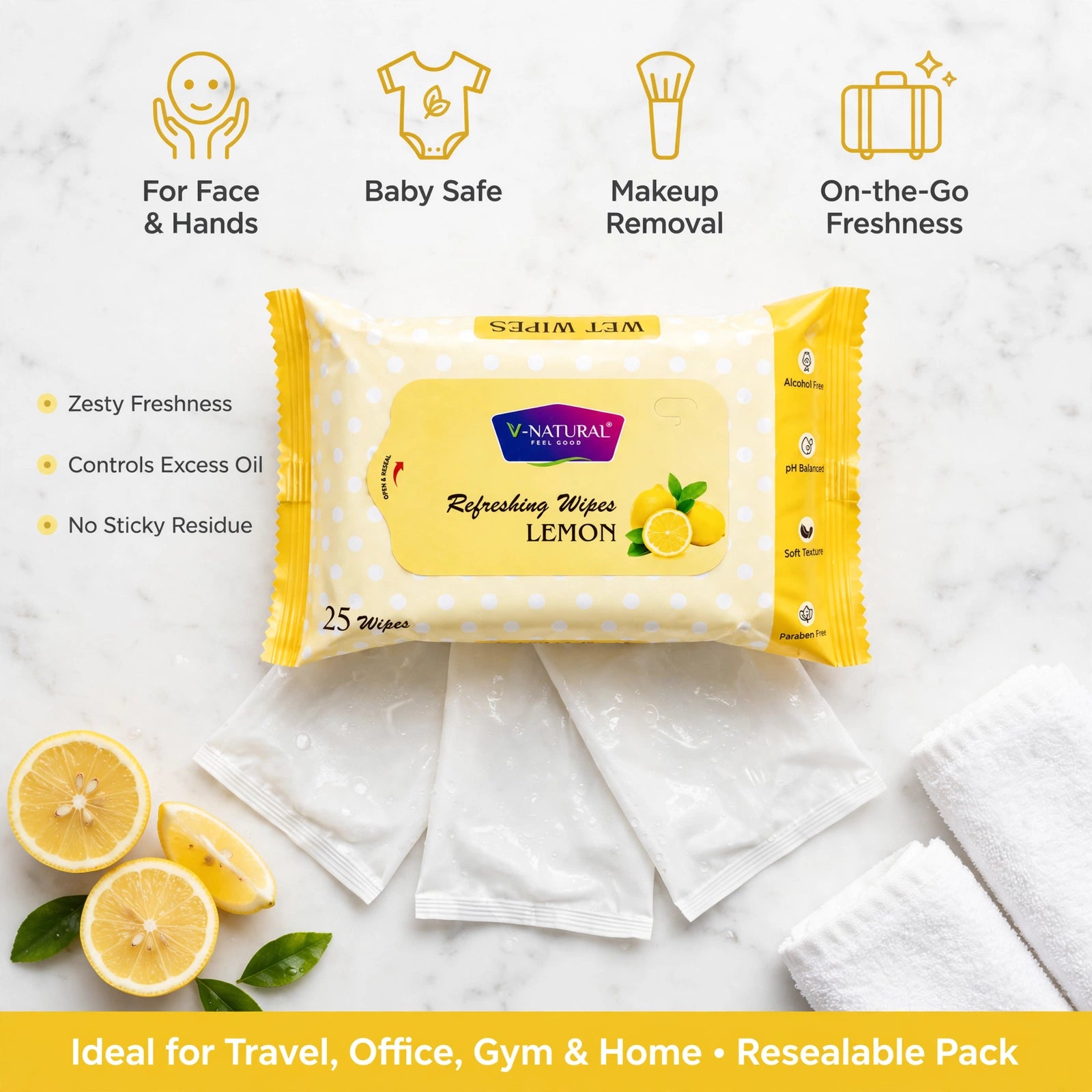 Refreshing Wipes Lemon Wet Wipes 25 Pcs
