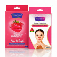 Two V-Natural Feel Good skincare product boxes on a white background: a pink Strawberry Hydrogel Lip Mask box on the left and a pink Watermelon Nose Strips deep cleansing box on the right.