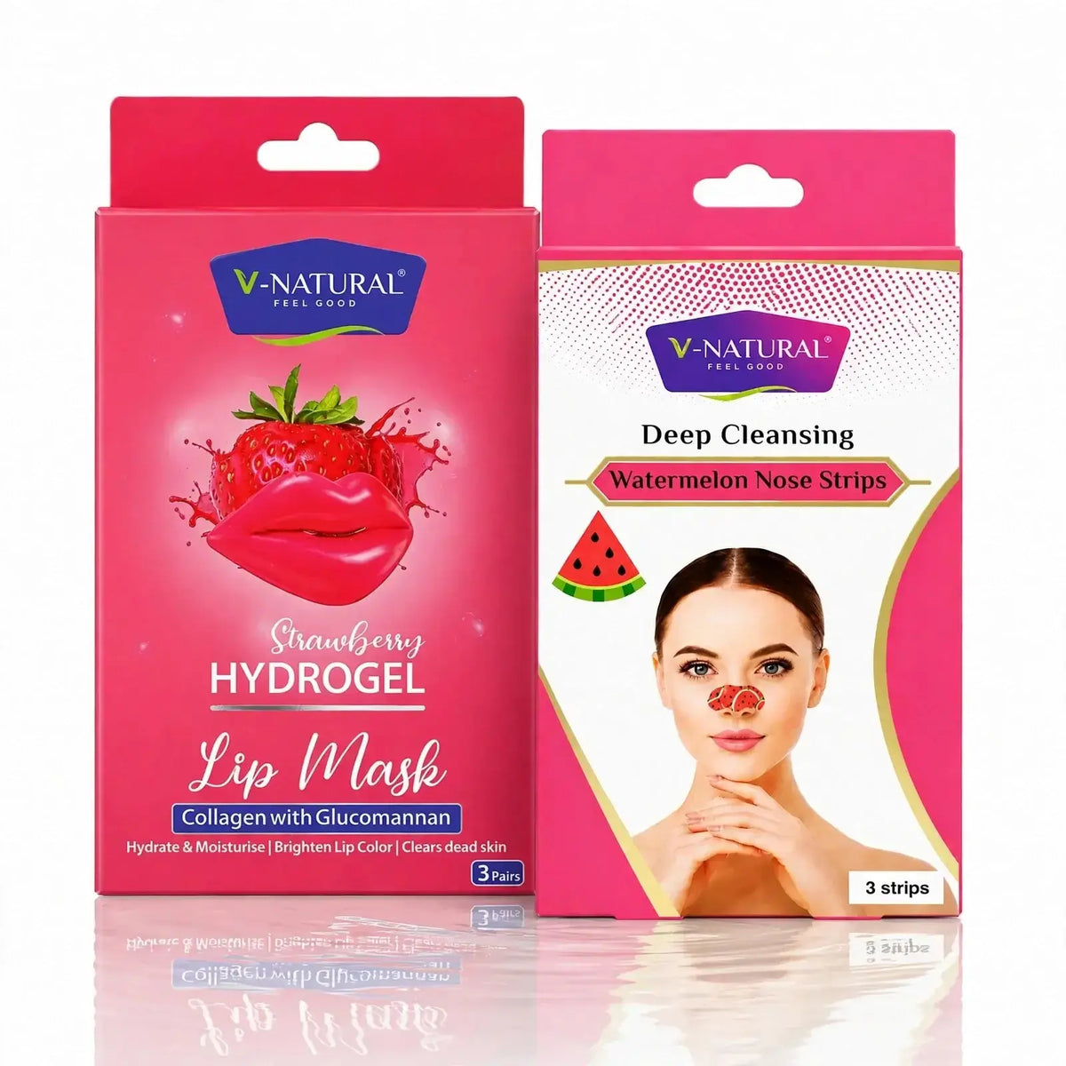 Two V-Natural Feel Good skincare product boxes on a white background: a pink Strawberry Hydrogel Lip Mask box on the left and a pink Watermelon Nose Strips deep cleansing box on the right.