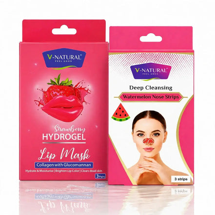 Two V-Natural Feel Good skincare product boxes on a white background: a pink Strawberry Hydrogel Lip Mask box on the left and a pink Watermelon Nose Strips deep cleansing box on the right.