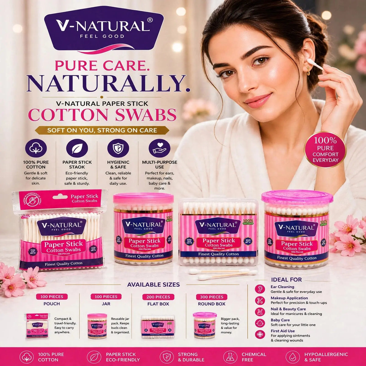 V-Natural Cotton Swab promotional graphic showing a woman wearing ear drops, with multiple packs of V-Natural paper stick cotton swabs, jars, sizes, and usage icons on a soft pink and white background.