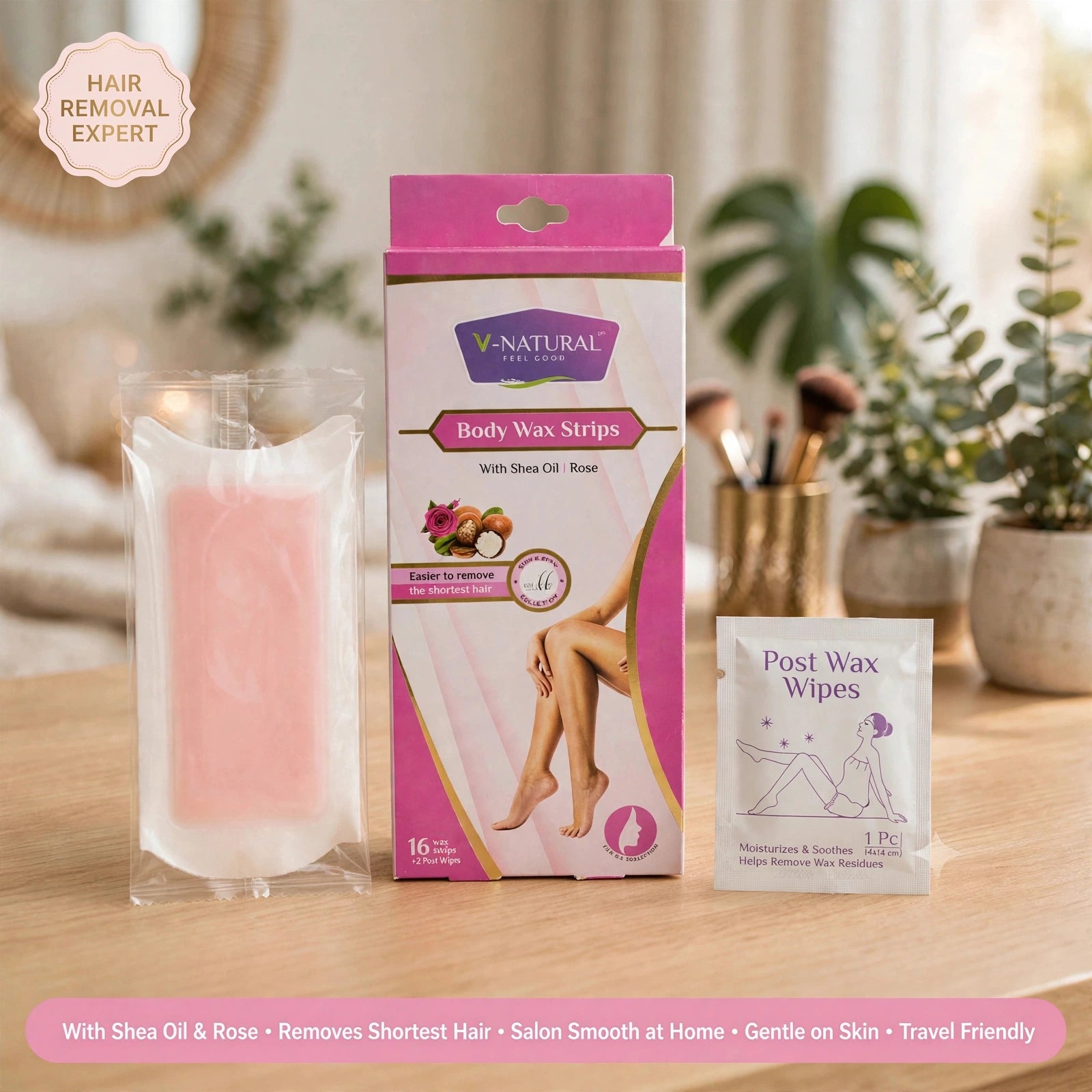 Body Wax Strips With Shea Oil & Rose (16 Wax Strips +2 Post Wipes)