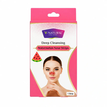 V-Natural Deep Cleansing Watermelon Nose Strips packaging, featuring a pink and white box with a watermelon graphic and an illustration of a woman wearing a nose strip.