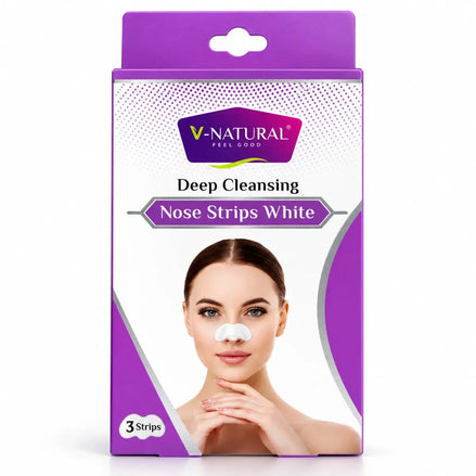V-Natural Deep Cleansing Nose Strips White in a purple and white retail box, featuring a model with a white nose strip applied.